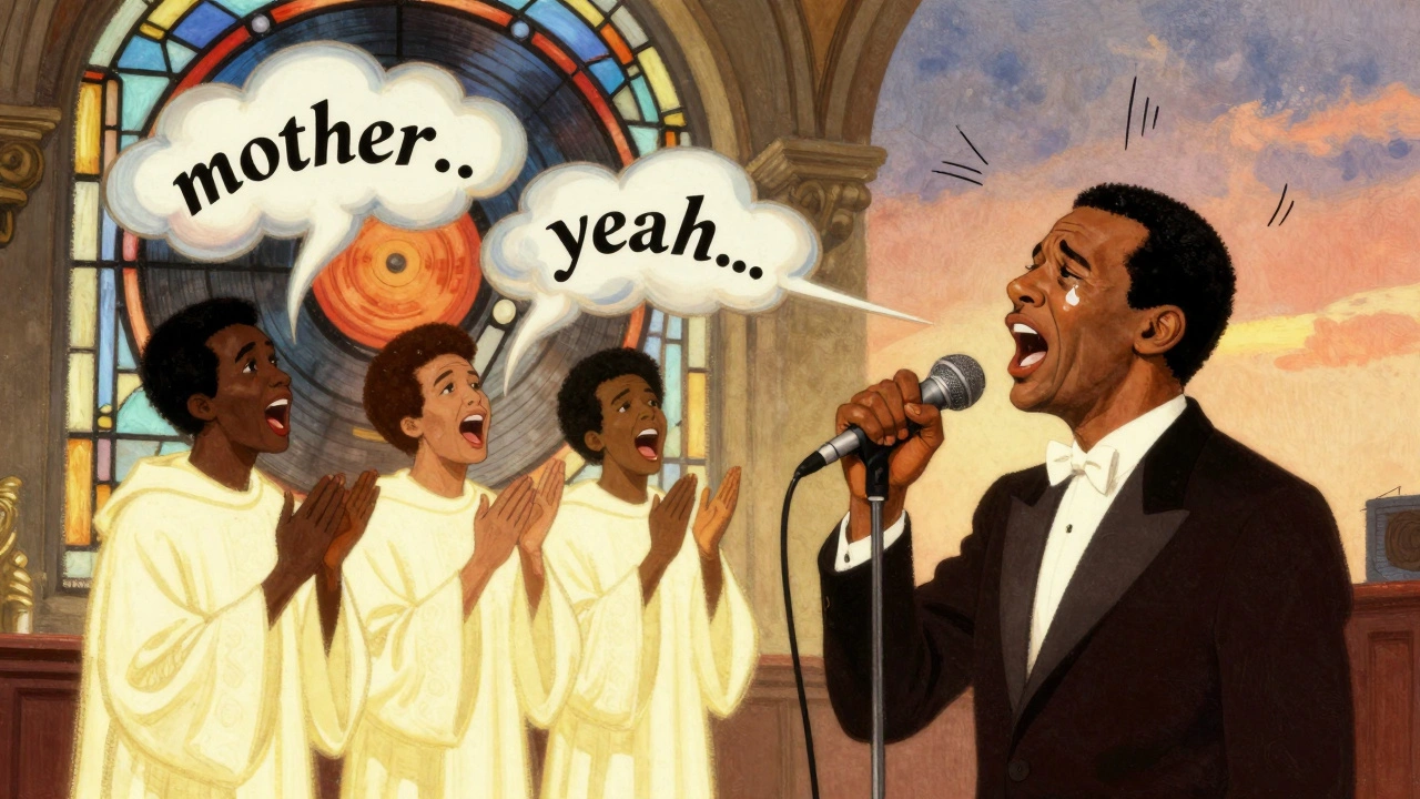 A lead singer and background vocalists in a call-and-response moment, sound waves rising like choir clouds.