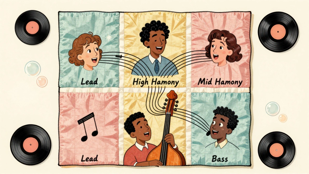 A musical quilt made of singing faces, representing the four layers of 1970s R&amp;B harmonies.