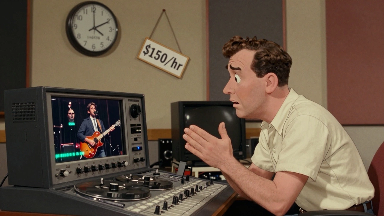 An engineer watches a singer perform live in a small studio, with a clock and price tag reminding them of the cost of time.