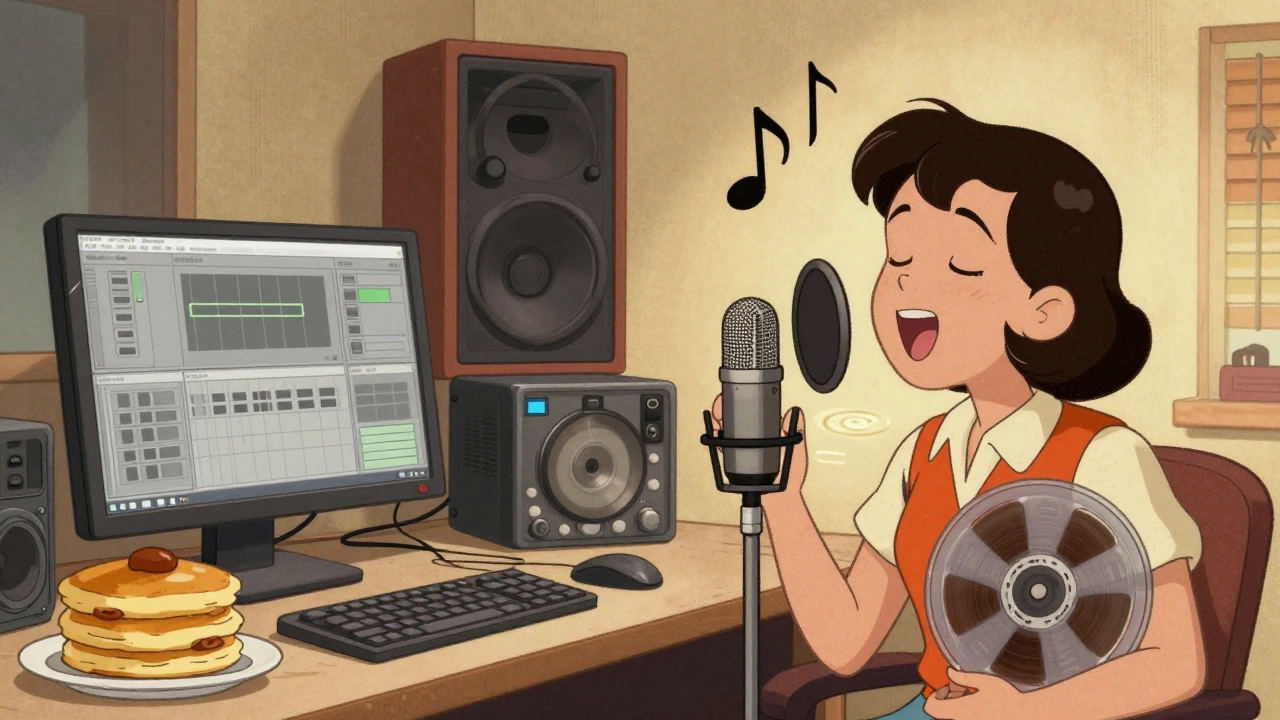 Contrast between a cluttered modern studio and a simple 1970s setup, with emotion radiating from the singer's voice.