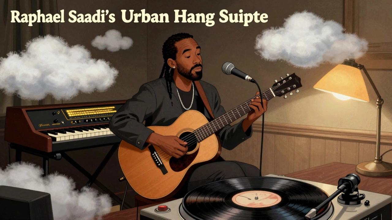 Raphael Saadiq playing a single, haunting guitar chord as silence glows around him in a dim, intimate studio.