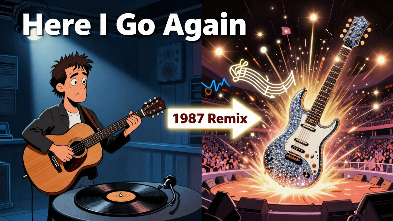 Split-screen cartoon: left shows a blues bar with an acoustic guitar, right explodes with a stadium concert and glowing guitar, representing the 1982 and 1987 versions.