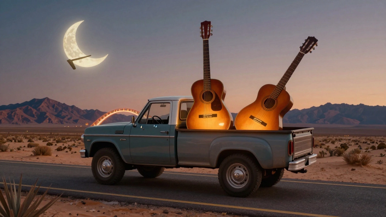 A floating pickup truck on a desert highway carrying glowing pedal steel guitars, each emitting a different emotional hue under a crescent moon.