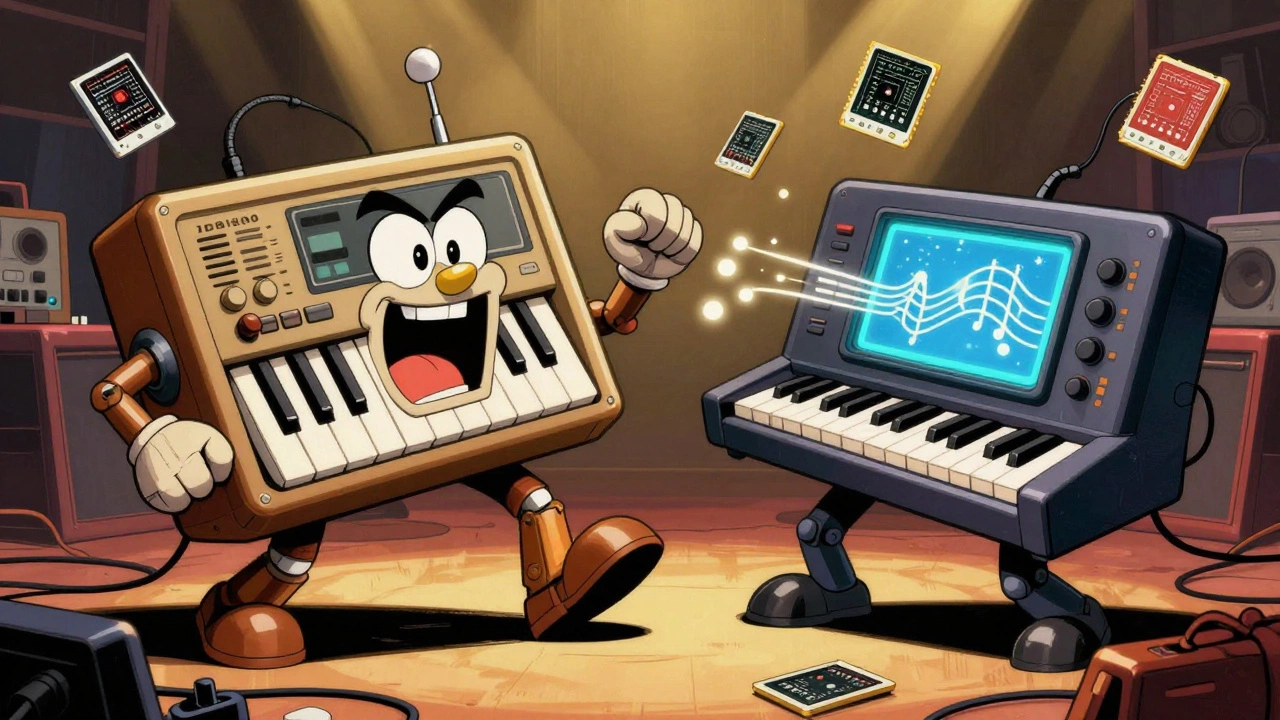 A giant JD-800 and Triton synth battling in a studio, with sliders, screens, and floating music cards in a cartoon showdown.