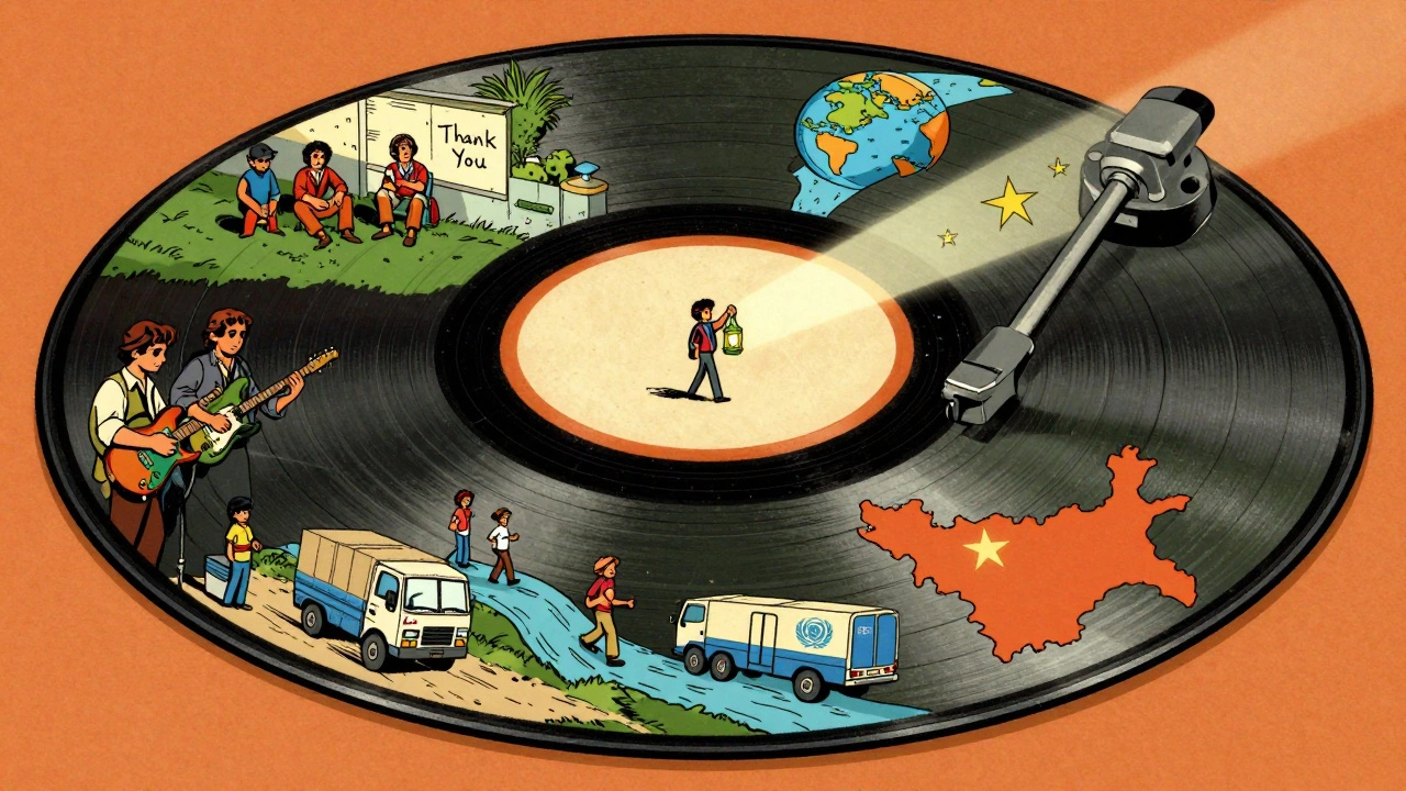 A giant spinning LP record shows scenes of music, aid, and hope, with Bangladesh formed by stars and a lantern casting light across the world.