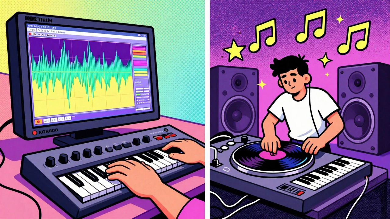 A Korg Triton displaying a waveform as a producer sequences music, with musical notes shaped like 90s pop icons.