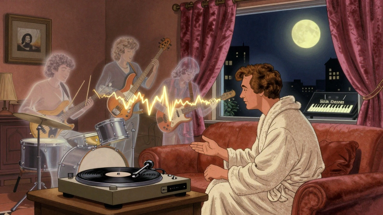 A man listening to Silk Degrees at night with ghostly musicians floating in the room.