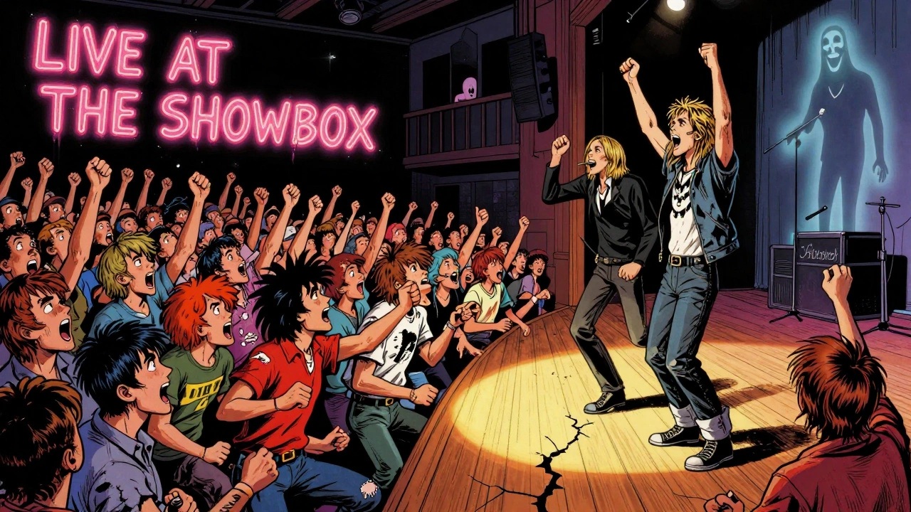 A roaring crowd at the Showbox Theatre in the 1990s, with musicians on stage and ghostly figures in the balcony, capturing grunge’s electric energy.