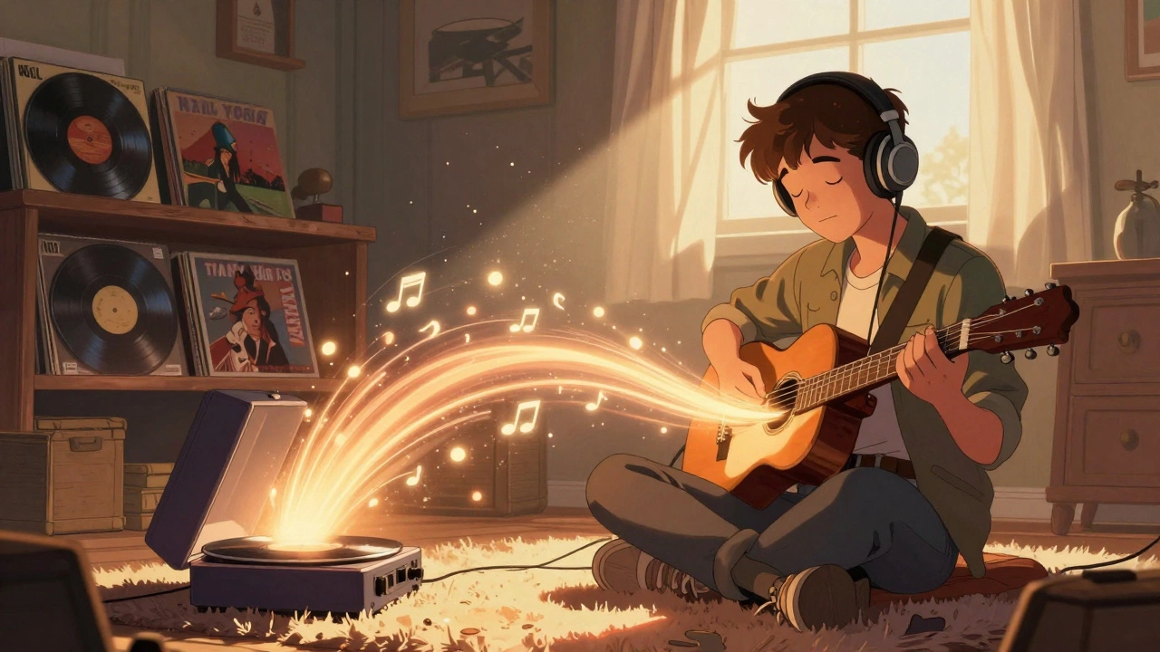 A teenager in 1970s attire listening to a pedal steel guitar’s emotional tones streaming from a record player, bathed in sunlight.