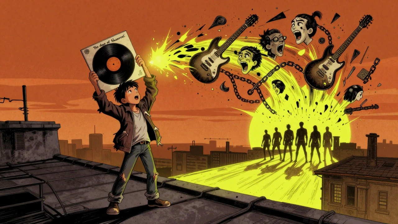 A teenager on a rooftop releasing the album's sound as a vortex of guitars and chains, leading to silhouettes of modern bands.