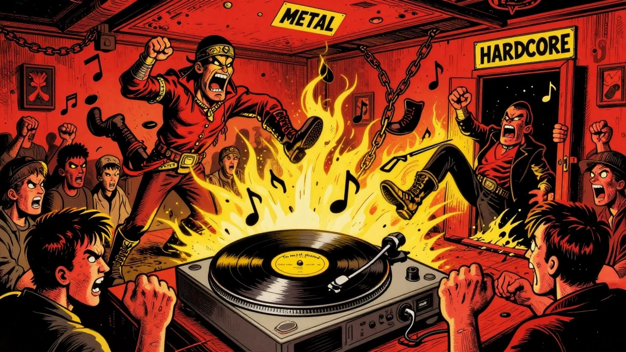 A vinyl record spinning in a punk basement, with musical notes turning into fists and chains smashing through walls.