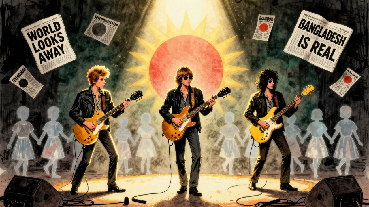 Bob Dylan, Eric Clapton, and Ringo Starr perform as refugee children walk toward a rising sun shaped like a flag.