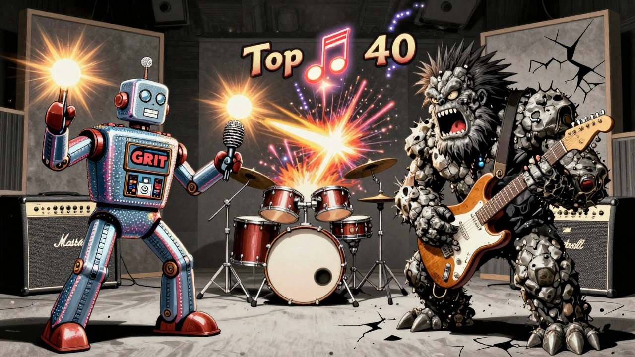 Cartoon battle between a shiny robot producer and a gritty rock monster, with exploding drums and a power ballad cherry.