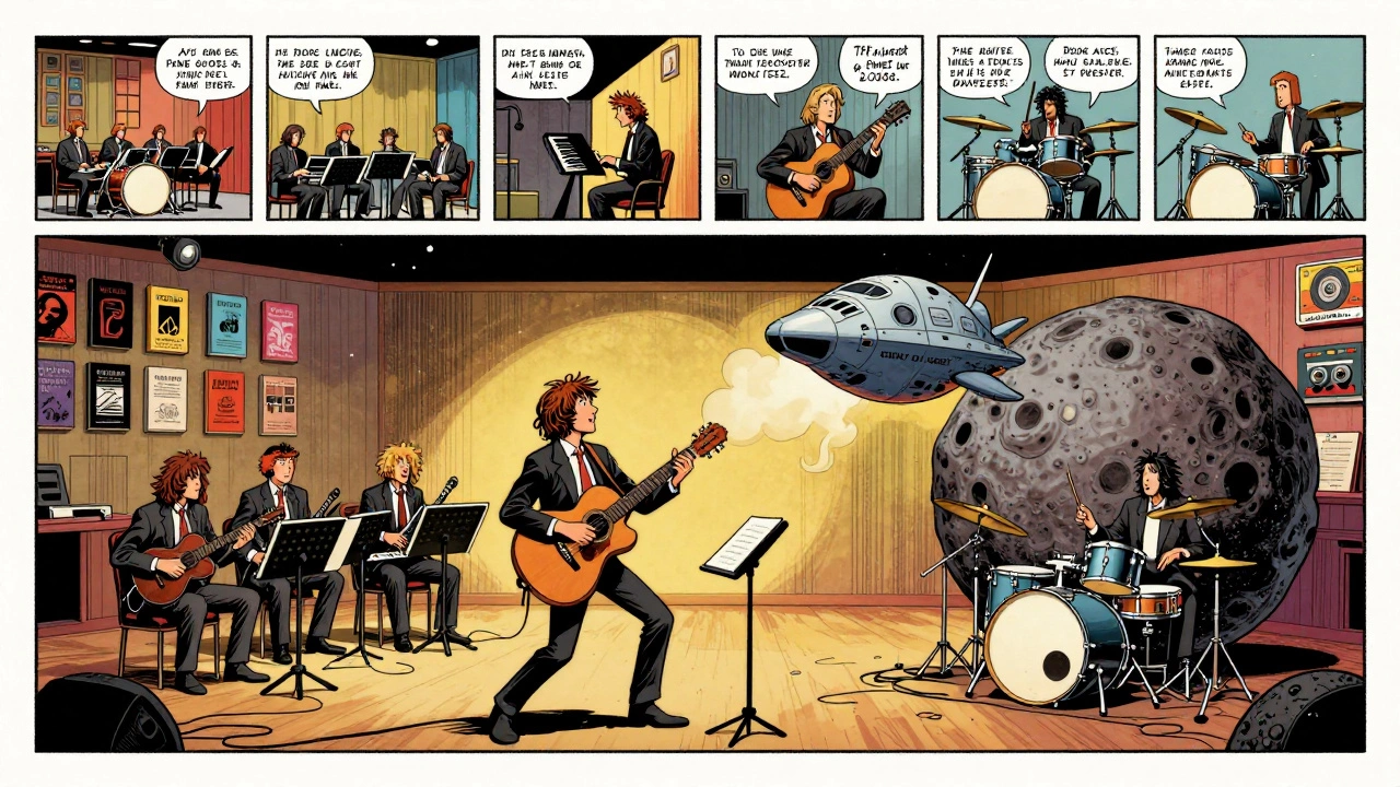 Cartoon scene of Rush recording '2112' with sci-fi elements, floating instruments, and a comic-book storyboard of the suite.