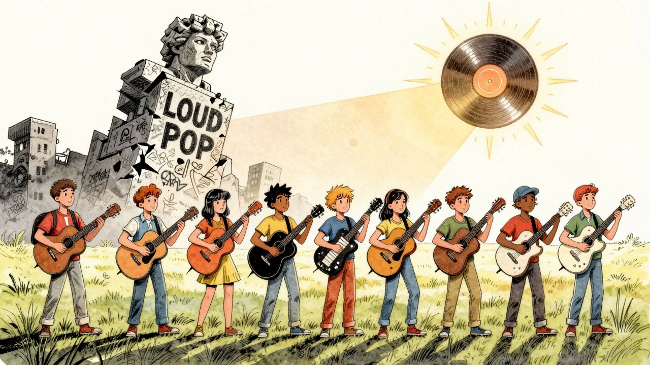 Gen Z teens hold glowing instruments as a 'LOUD POP' statue crumbles behind them, with a vinyl sun rising in the distance.