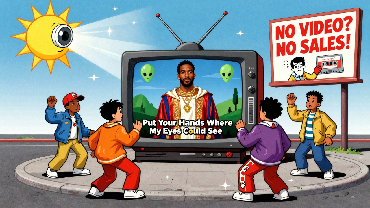 Kids dance on a street as a giant TV plays Busta Rhymes' surreal music video, with flashy 90s fashion and a billboard saying 'NO VIDEO? NO SALES!'