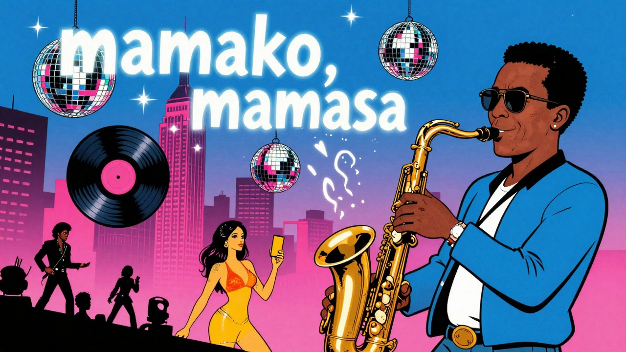 Manu Dibango's 'Soul Makossa' melody transforming into disco records and floating toward global dance floors.