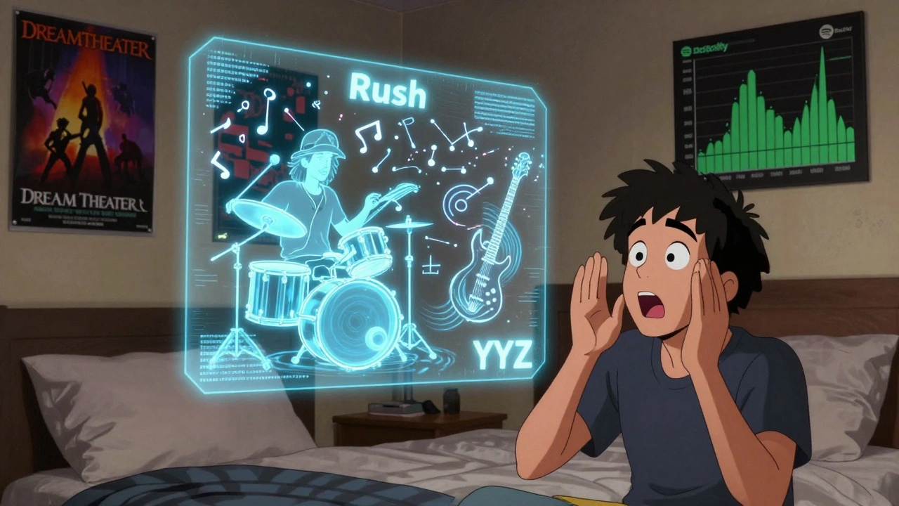 Modern fan watching a holographic Rush performance with animated rhythms and rising Spotify graphs in the background.