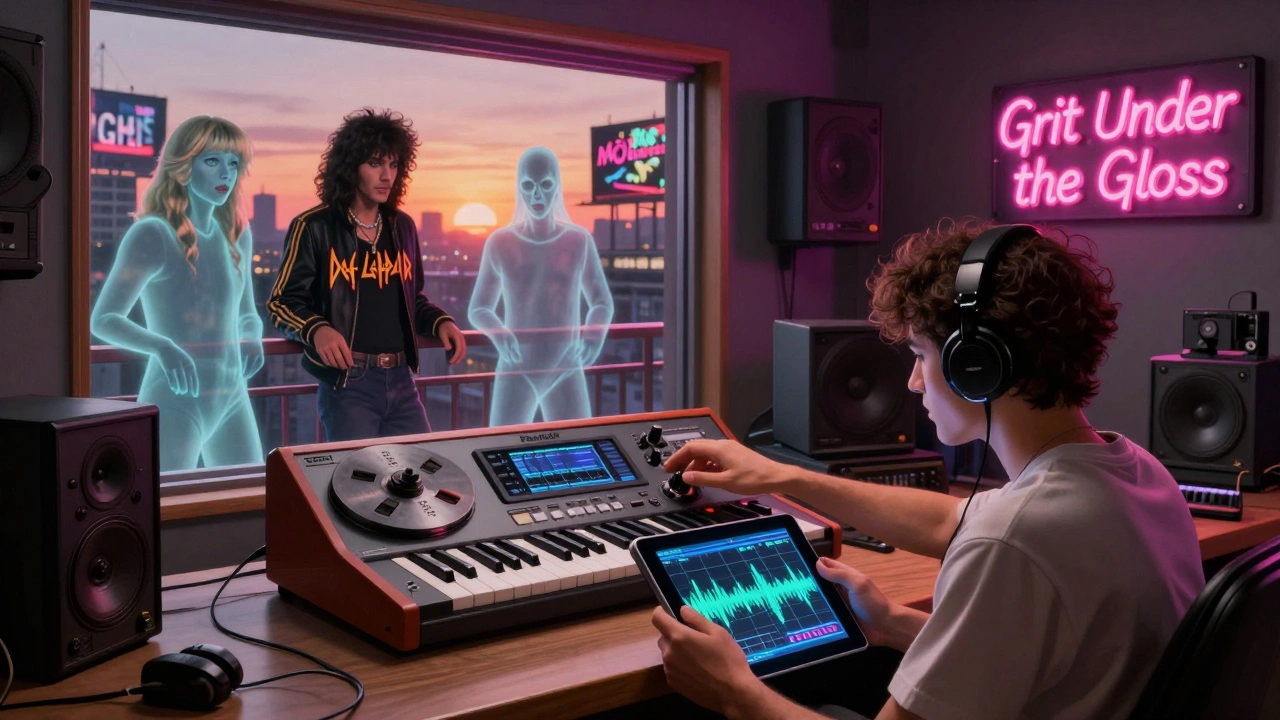 Modern producer surrounded by 1980s rock ghosts in a retro studio, with analog gear glowing beside a digital tablet.