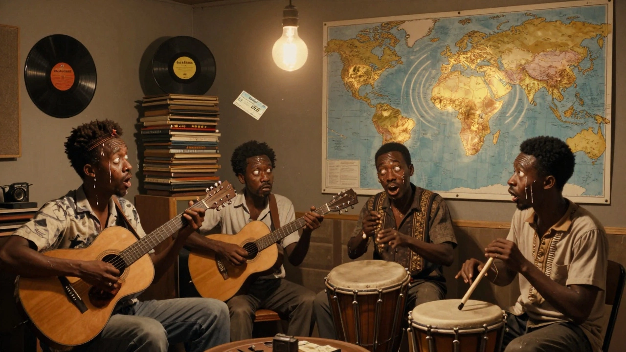 Nigerian musicians recording in a dim studio, surrounded by towering vinyl records and a tiny royalty check.