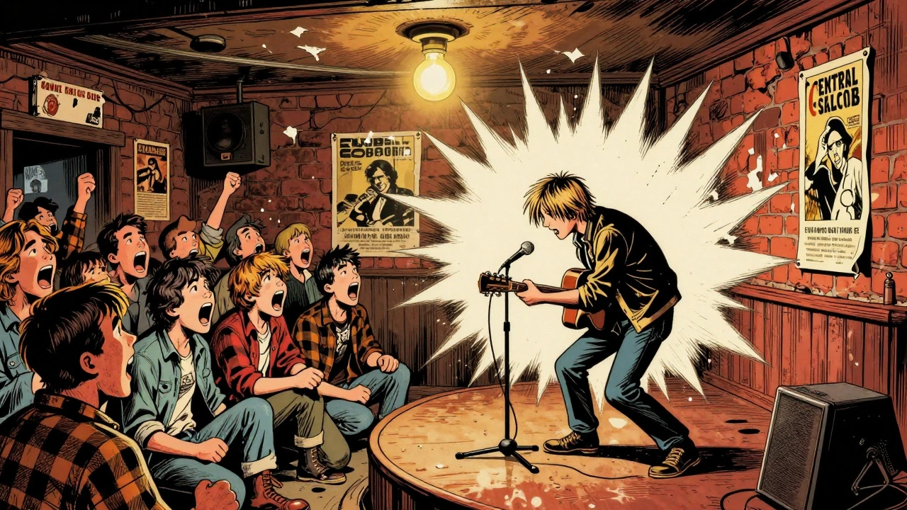 Nirvana performing at the Central Saloon in 1986, with a tiny stage, sticky floor, and screaming fans in flannel under a flickering light.