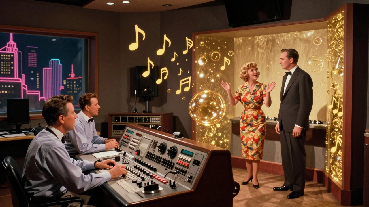 RCA Studio B engineers in the 1950s manipulate swirling musical notes in a glowing control room with Patsy Cline singing.