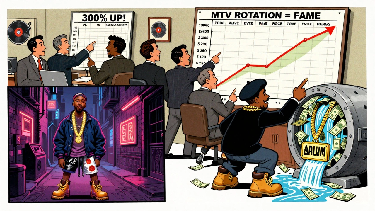 Record label executives celebrate a sales spike chart while an artist paints a Tupac music video scene with gold chains turning into cash.