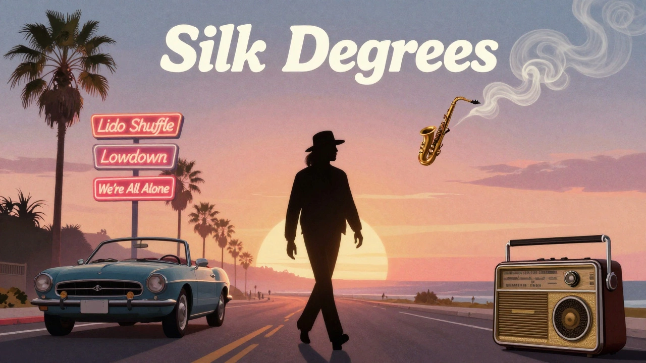Silk Degrees album cover as a dreamy California sunset with floating song titles and musical notes.