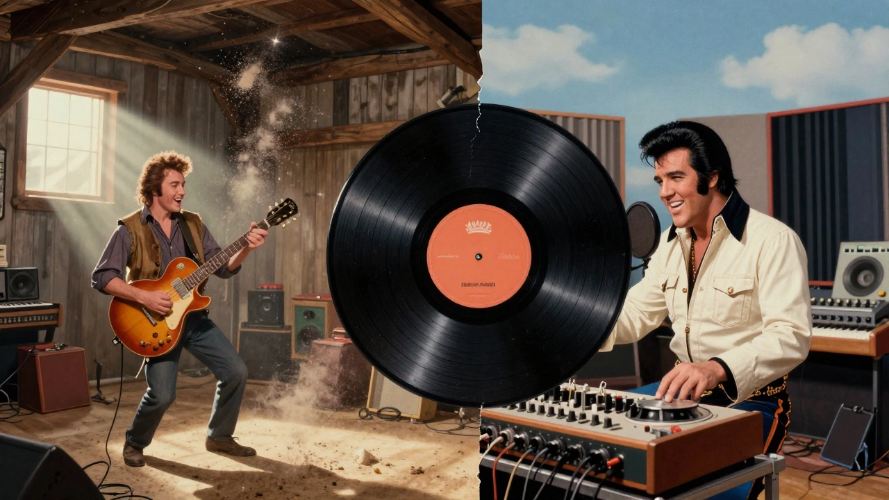 Split illustration: raw country roots on one side, polished Nashville Sound on the other, with Johnny Cash and Elvis Presley as icons.