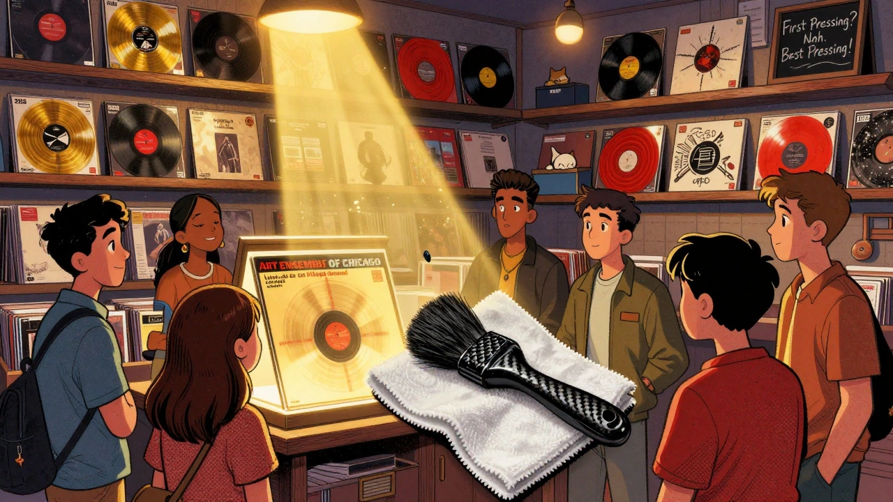 A cozy record shop at night with colorful vinyl reissues glowing under warm lights.