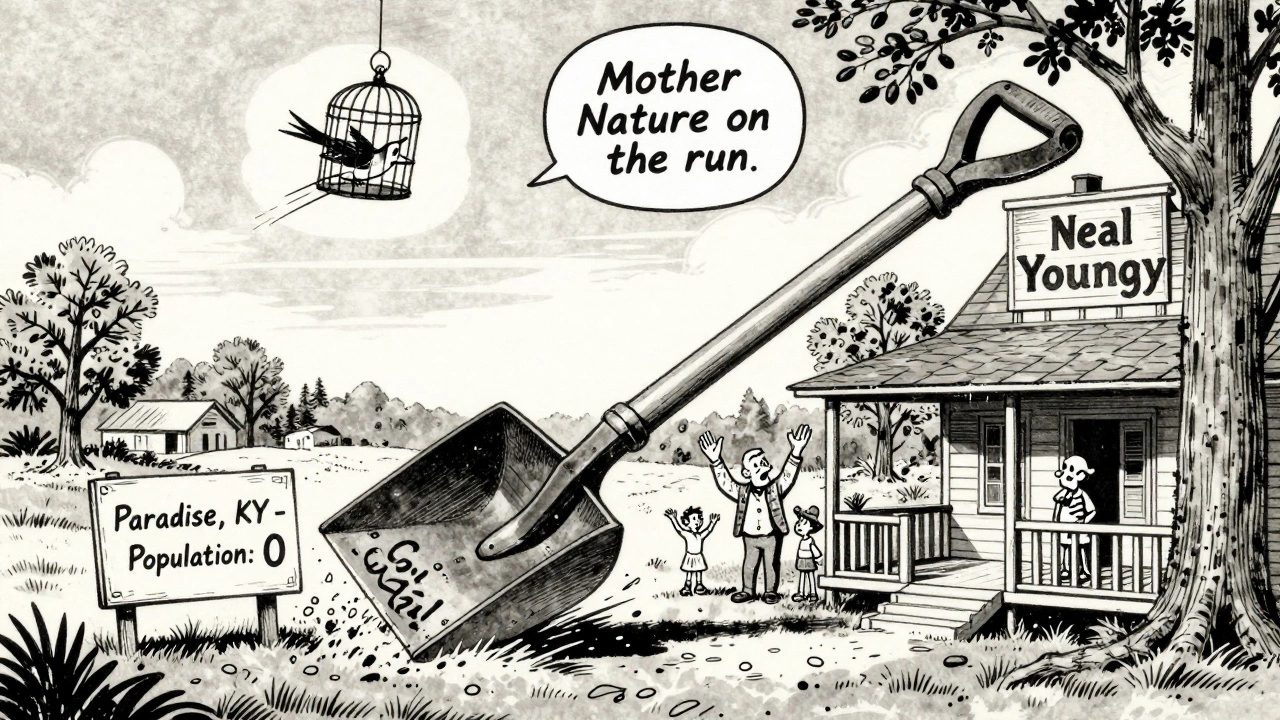 A giant coal shovel erases a town labeled 'Paradise, KY' while birds fly away in a vintage cartoon scene.