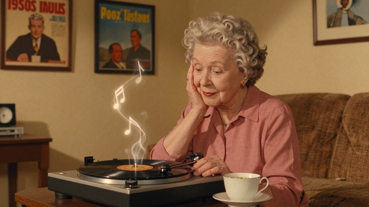 An elderly woman listening to vintage vinyl in a cozy room, surrounded by classic album art.