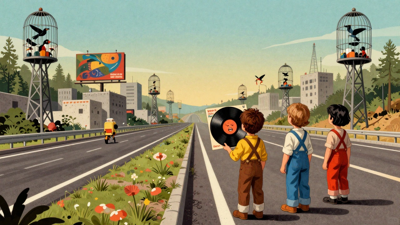 Children face a concrete jungle with birds trapped in radio-shaped cages, inspired by Cat Stevens' song.