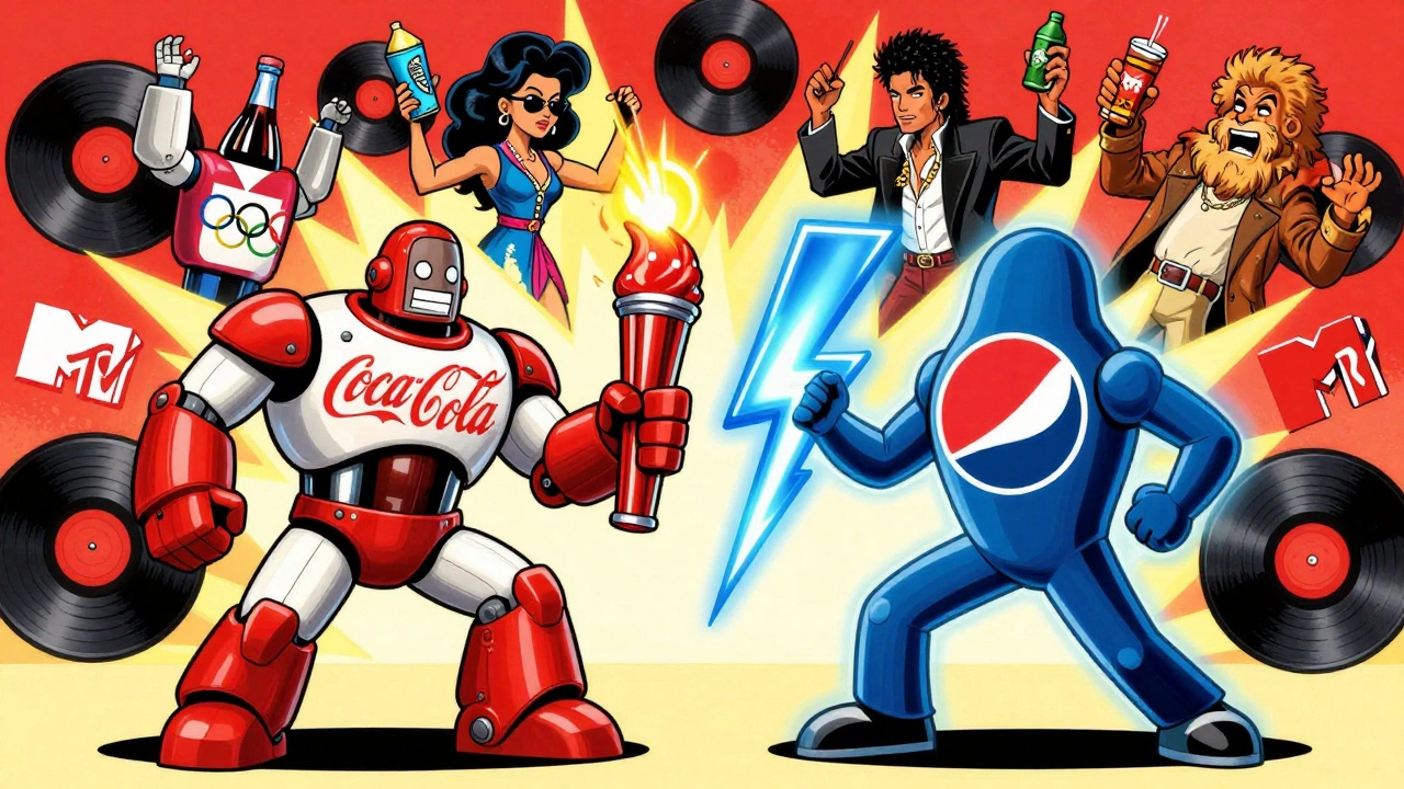 Coca-Cola robot battles Pepsi lightning bolt with music stars floating above in vintage cartoon battle scene.