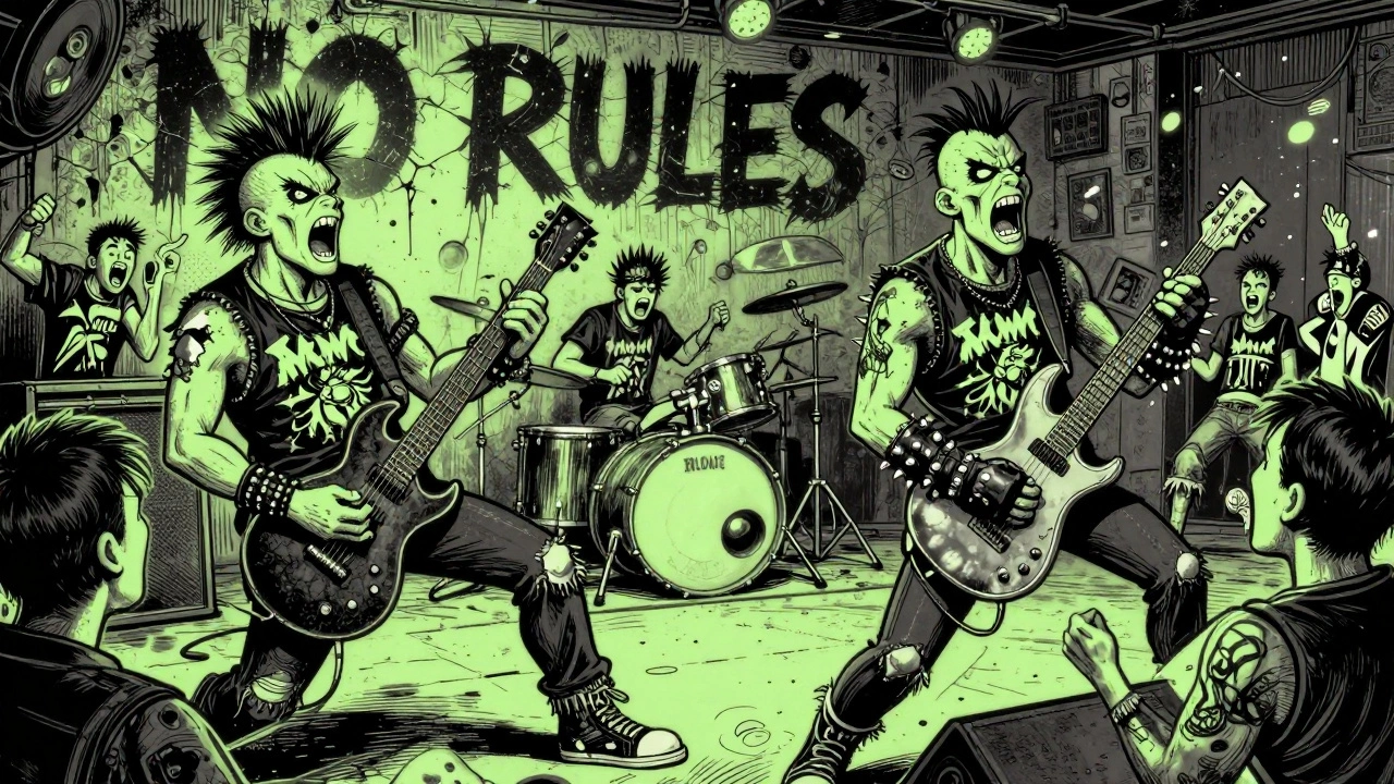 Crossover thrash band blending punk and metal styles, fans united on stage.