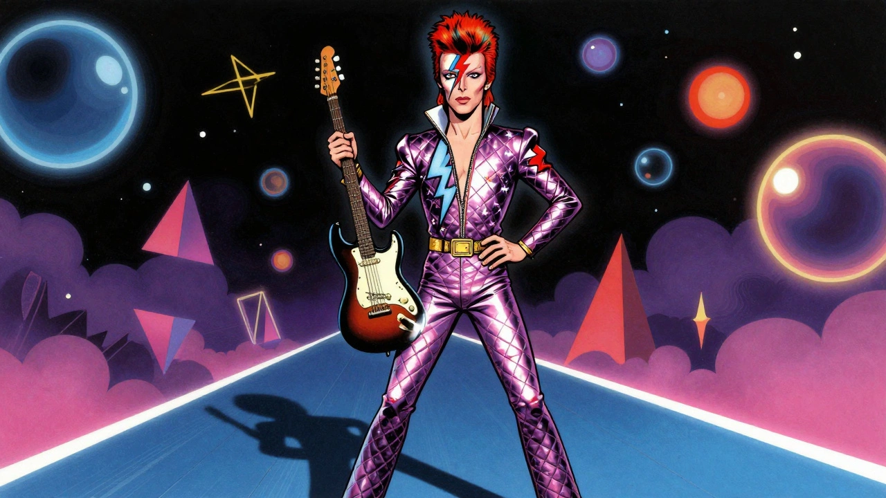 David Bowie as Ziggy Stardust striding on a neon runway with lightning bolt makeup and metallic jumpsuit.