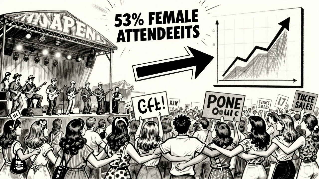 Female fans in a crowd outnumbering male musicians on stage, with a chart showing 53% female attendance.