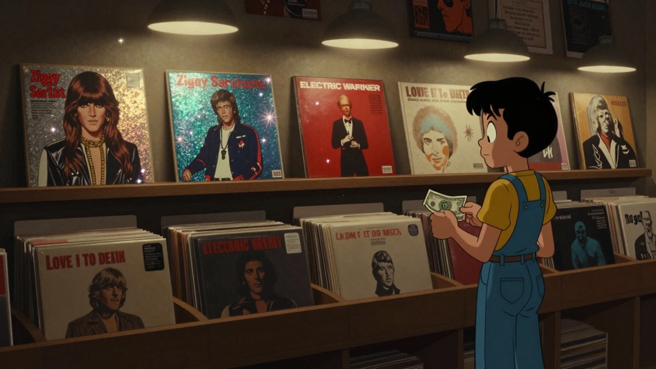 Glowing glam rock album covers on a shelf beside dull folk albums, a young fan staring in awe.