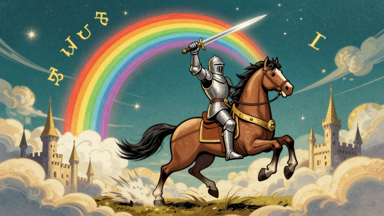 Knight on horseback charges toward a rainbow portal in a starry sky, castle spires below.