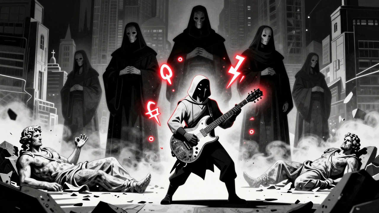 Lone rebel holds a glowing guitar as faceless priests loom over a broken futuristic city.
