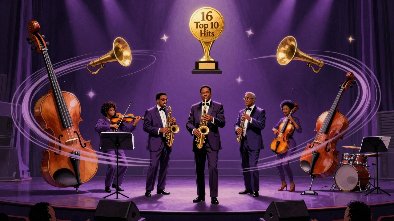 Philly Soul studio with orchestral strings swirling around The O'Jays under golden light.