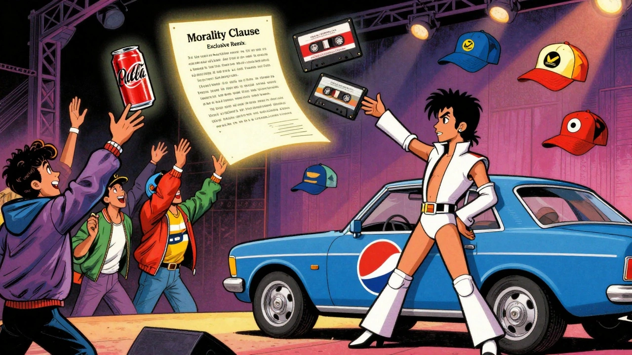 Prince drives a Pepsi-branded car at a concert as floating branded items hover above cheering fans.