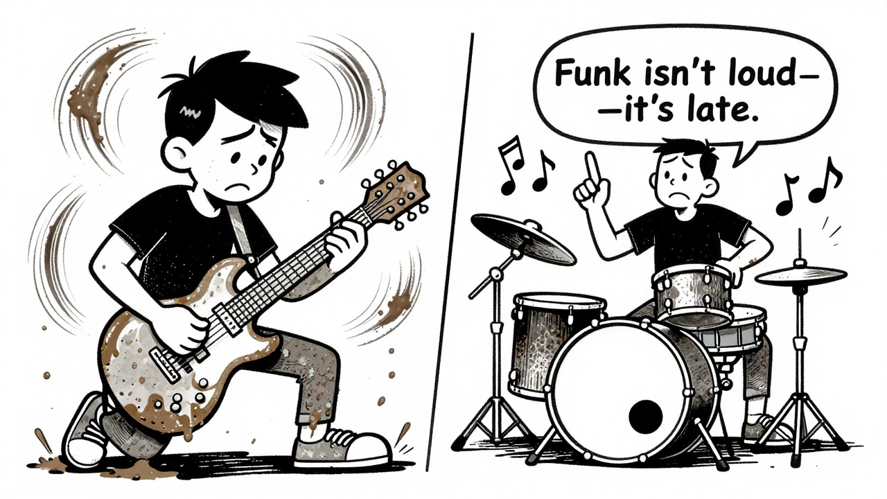 Split-panel cartoon: messy strummer vs. cool funk player hitting only the right sixteenth notes.