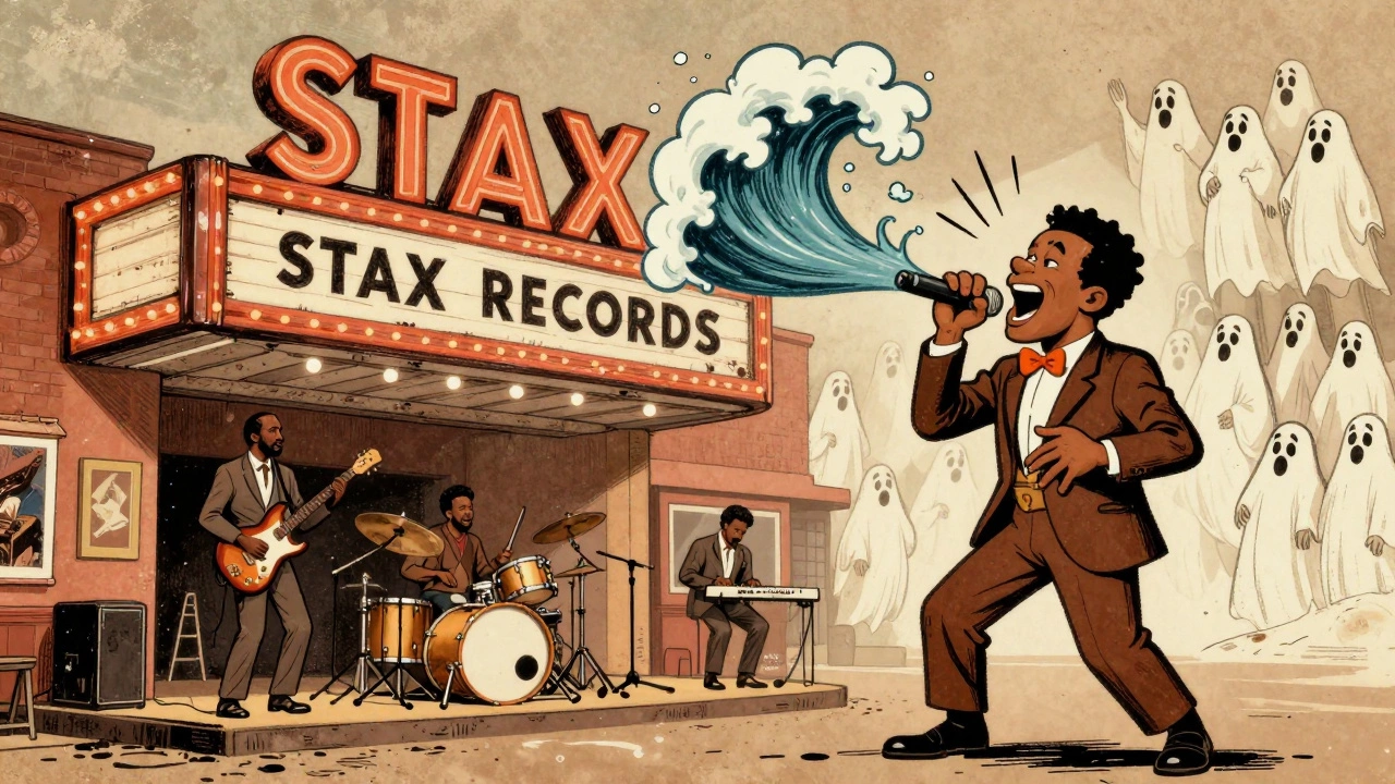 Stax Records studio with Otis Redding singing as soulful energy bursts from his voice.