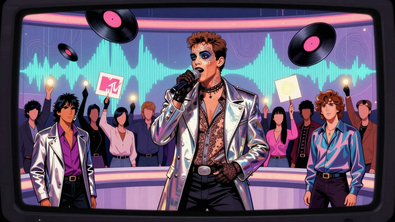 1980s MTV broadcast featuring Boy George and other synth-pop icons performing against glowing waveforms and spinning vinyl records.