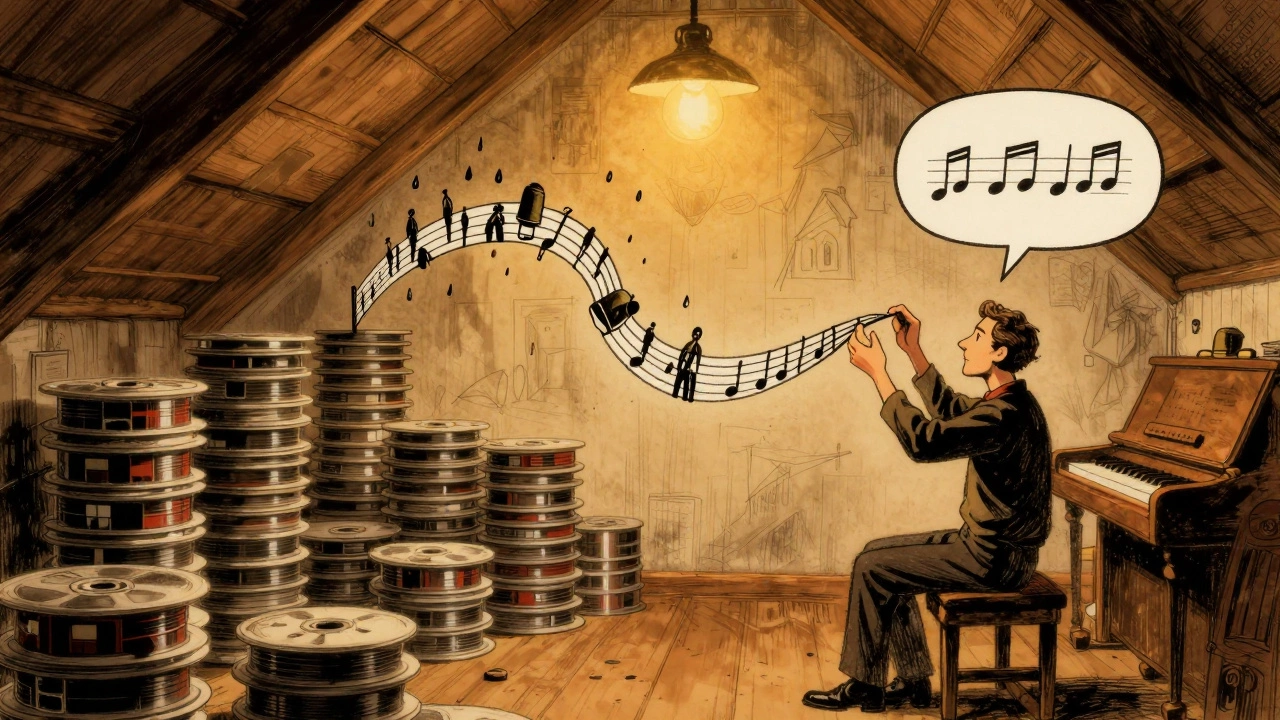 A composer holds a tape strand forming a musical staff with embedded environmental sounds like rain and sirens.