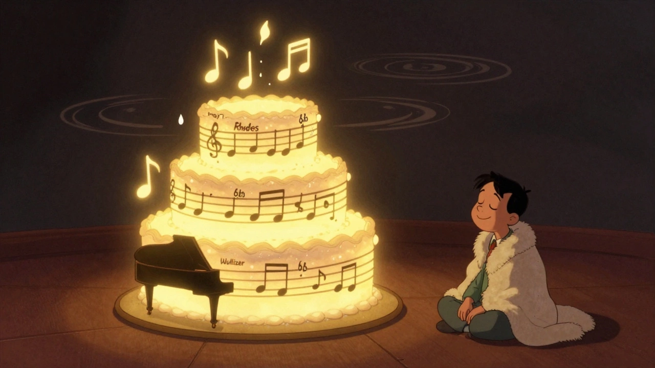 A layered cake of vintage keyboards, each tier adding a musical extension, with a single reverb drop creating quiet spaces as a listener relaxes in harmony.