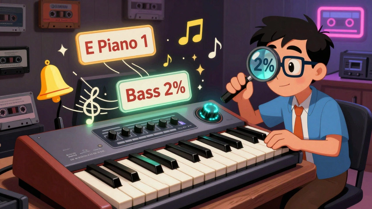 Cartoon of a DX7 synth with glowing presets, a producer tweaking a tiny 2% dial as notes turn into sounds.