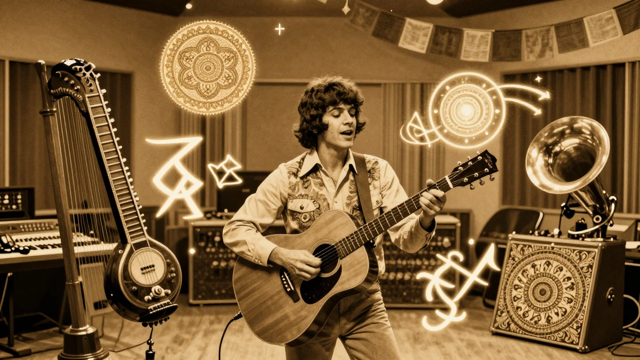 Donovan in a psychedelic studio surrounded by floating instruments and ancient symbols.
