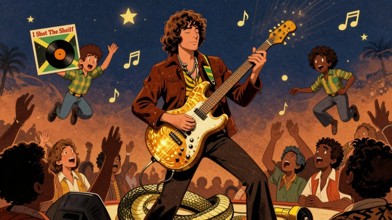 Eric Clapton on stage, reggae bassline as a serpent, audience floating in awe, 1970s cartoon style.